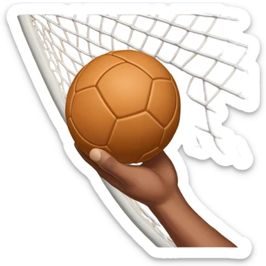A close-up of a hand gripping a handball, with the handball gates visible in the background. The focus is on the texture of the ball and the strength of the grip, with the goal net slightly blurred to emphasize the anticipation of the throw. sticker