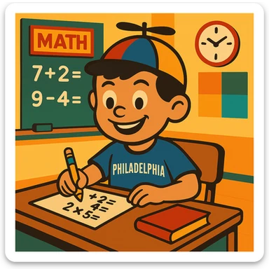 Change Little Johnny's hair to dark brown or black, keeping the rest of the scene the same: cheerful boy with a propellor hat, Philadelphia sports shirt, in a math classroom, showing good work habits, vibrant and clear illustration style. sticker