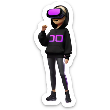 Russian girl wearing black hoody with violet letters "OMG", in vr headset oculus quest2. Dancing. Cyberpunk style. Violet neon. sticker