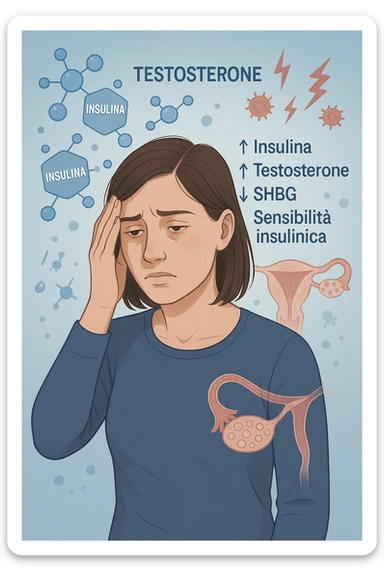 Donna tra i 25 e i 35 anni in primo piano, con espressione affaticata. Intorno al suo corpo appaiono in modo stilizzato e simbolico squilibri ormonali: molecole di insulina in eccesso fluttuano attorno, androgeni (testosterone) evidenziati sopra la testa, segnali visivi di infiammazione cronica lieve. Sopra le ovaie (visibili in trasparenza) compaiono piccole cisti multiple. Accanto a lei, un diagramma stilizzato mostra: '↑ Insulina', '↑ Testosterone', '↓ SHBG', '↓ Sensibilità insulinica'. L’atmosfera è scientifica, educativa ma empatica. Stile realistico con elementi infografici fluttuanti e colori freddi ma puliti. in italiano sticker