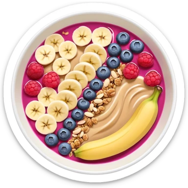 smoothie bowl with bananas, raspberries, blueberries, granola and peanut butter sticker
