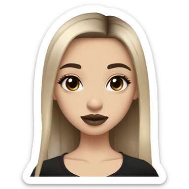 Slavic girl, light skin, goth eyes makeup, pink beige lips, brown eyes, long black-to-blonde ombre straight hair, black T-shirt, chibi, smiling. sticker