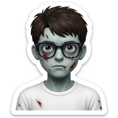 zombie boy with white tshirt and black brownish hair and with black glasses frames on hair is texturized sticker