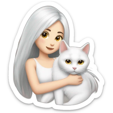 A girl with long dark hair and a white fluffy cat is lying on her right shoulder sticker