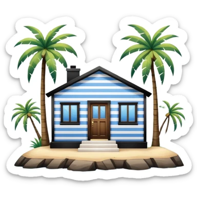 A square white and blue stripe house horizontally with wooden door on a island with palm trees sticker