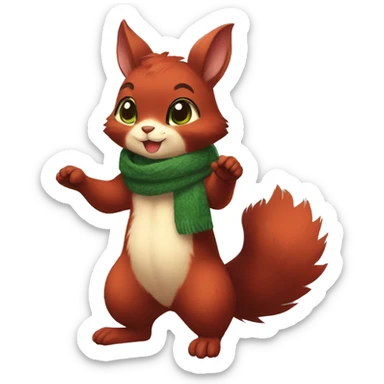 Cute, Chibi, chubby, fluffy, Kemono-style, Anthro, Fur-Sona, Dark-Red, Squirrel-Rabbit-hybrid-Fakémon, with a green scarf, full body sticker