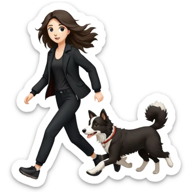 A beautiful tall girl with fair skin and long hair wearing a black jacket and black pants running with a Border Collie sticker