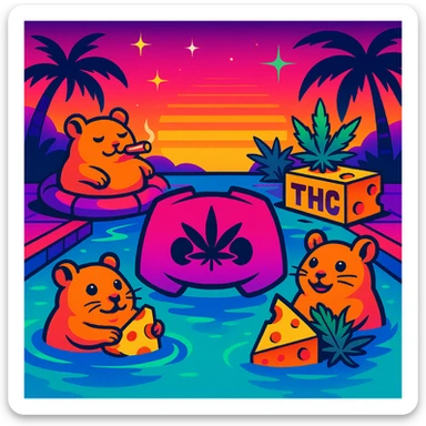Discord server icon, square format, vibrant pool party at sunset with up to 3 hamsters, weed, cheese, and THC theme, no disco ball, vaporwave style, bold neon colors, high contrast, dreamy gradients, sparkles, nostalgic, fun, inviting, summer party vibe, clear composition, less cutesy sticker