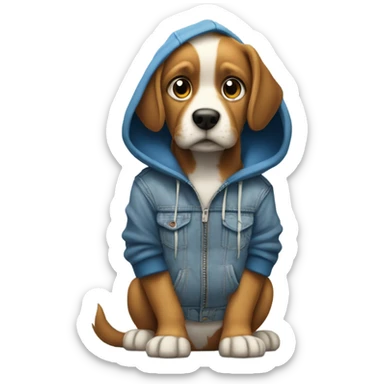 Dog with a human face, with a hoodie on, with hands in pockets with smirk, standing up, jeans, tennis shoes sticker