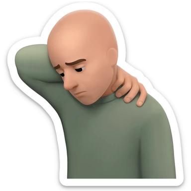 A man who is depressed with his left arm draped over his head so his left hand is touching his right shoulder sticker