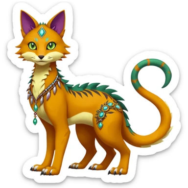 Kawaii cute reddish orangish yellowish greenish purplish exotic tribal beautiful pretty elegant divine edgy feline-vernid-sergal-Fakémon-Pokémon-Digimon-fursona-animal-creature with accessories, jewelries, full body, with intricate detailed markings sticker