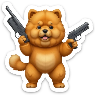 Funny cartoon-style chow chow dog standing on its hind legs and holding a gun menacingly sticker