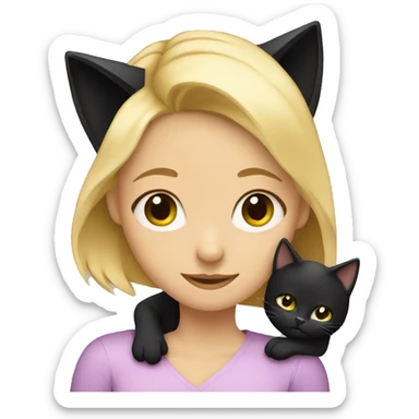 Blonde girl hugging black cat, which one ear a little smaller than another ear sticker