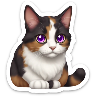 Calico cat with purple eyes and white pupils, dark brown, red, and white color, Munchkin fluffy cat, purple eyes sticker
