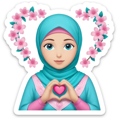 Turkish beautiful finish Konya girl blue eyes with light turquoise sakura and pink hijab islamic dress and making heart with hands and with thank you text sticker