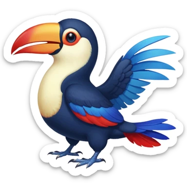 Blue tropical toucan-fakemon-bird, with red long beak, with a short blue lizard-tail curled inwards, Genshin Impact’s Dusk Bird sticker