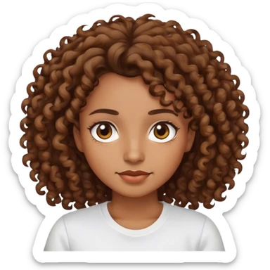 Femme cheveux bouclés sans volume brune avec les yeux marrons et un t-shirt blanc sticker