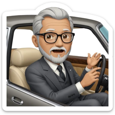 Professor Bentley Dyed black gray hair  frencb beard graying indian guy in suit sitting in a bentley car and screaming fraud. Older look around 60 yrs  with glasses slight balding sticker