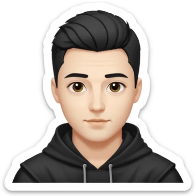 A handsome man with fair complexion. masculine, roman, slightly crooked nose. Thick triangular eyebrows. Hooded eyes and black pupils.  smily lips with a heavy top lid. kpop haircut sticker