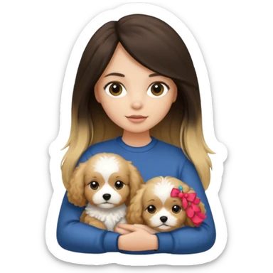 Make a girl with brunette/black straight long hair holding a 1 blonde cavapoo dog sticker