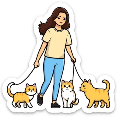 Kendall Jenner with long brown hair walking a golden retriever dog and three cats, two cream colored cats and one white and blue cat sticker