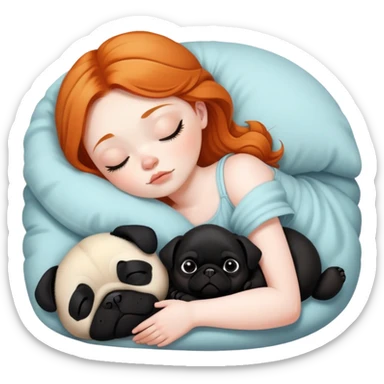 Sleeping ginger girl with black pug puppy and panda pug sticker
