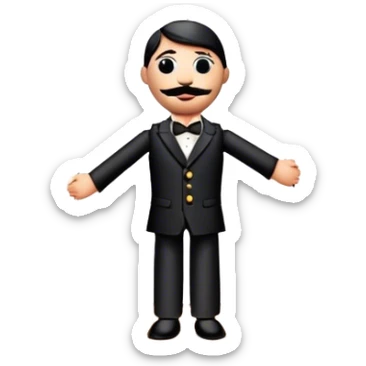 Icon for Puppet Theater: a puppet on strings with theatrical curtains in the background, along with a small stage and dramatic lighting. The icon should represent the whimsical and artistic nature of puppet performance. Transparent background. sticker