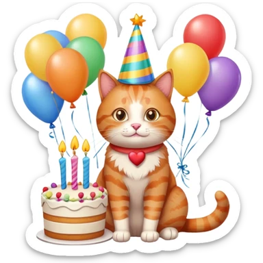 Ginger cat celebrates birthday, birthday hat, birthday cake, balloons, happy, gifts sticker