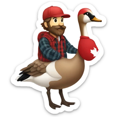 A man with a beard wearing a red flanel shirt with matching hat riding a canadian goose sticker
