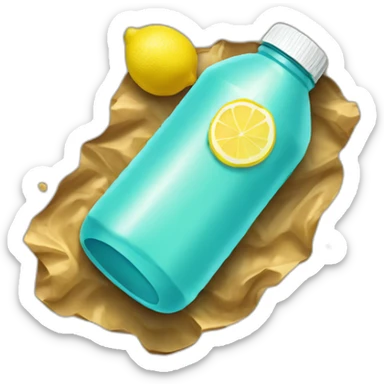 water bottle on the ground filled with brownish yellow lemonaid, crumpled sticker