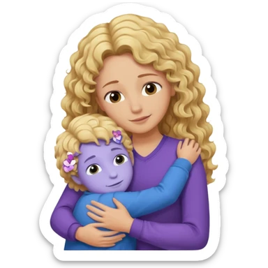 a mother with blond curly long wearing purple hugging his son with brown hair wearing blue and like saying its okay sticker