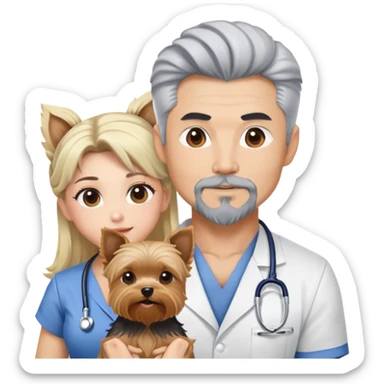 Blonde nurse with a dark haired pointy hair full goatee and muscular hot asain Korean man with one silver hair yorkie.  sticker