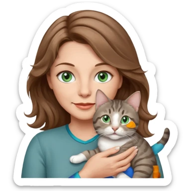 beautiful 50 yr old woman, wavy light brown hair, blue green eyes with beautiful gray tabby cat sticker