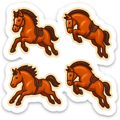 Create a cute emoji style illustration of a Hermès-style horse jumping. The design should be elegant, luxurious, minimal, and suitable for emoji use. Provide more variations of this horse jumping pose. Use a white or transparent background. sticker