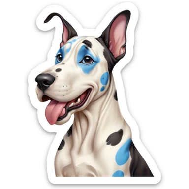 Cinematic Cute Yawning Harlequin Great Dane Portrait Emoji, Head tilted slightly with a dramatic, wide-open yawn, showcasing a smooth coat of predominantly white with bold black patches, floppy ears slightly drooping, round blue eyes barely open in drowsy contentment, Simplified yet irresistibly adorable features, highly detailed, glowing with a soft, cozy glow, high shine, relaxed yet expressive, stylized with a touch of whimsy, bright and endearing, soft glowing outline, capturing the essence of a sleepy yet affectionate guardian, so drowsy it feels like it could stretch out of the screen and curl up for a nap! sticker