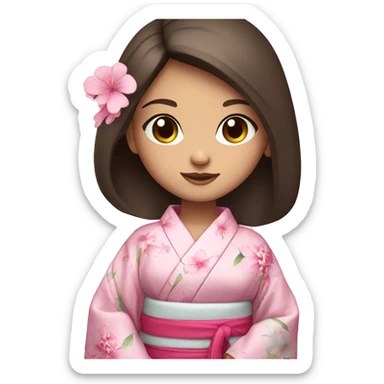 cute brunette girl with blue eyes in pink flower kimono sticker