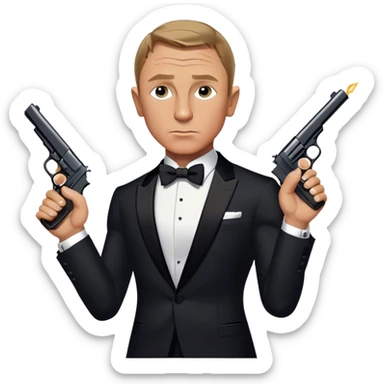 Cinematic Realistic James Bond Daniel Craig Portrait Emoji, depicted as the ultimate suave and enigmatic secret agent, donning a sharply tailored tuxedo, gripping a sleek handgun, with a piercing gaze that exudes confidence and danger. The scene is infused with moody, high-contrast cinematic lighting, evoking the thrilling world of espionage and intrigue. sticker