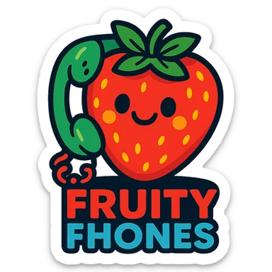 Fruity Fhones logo, a phone shaped as a strawberry, bright and friendly, for children's first phone brand sticker