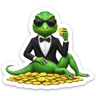 capitalist iguana banker in tuxedo and black sunglasses lying comfortly on coins sticker