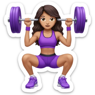 mujer de tez trigueña, con cabello castaño oscuro ondulado no muy marcado, hasta la cadera super largo estilizado, con ropa deportiva morada/lila, tenis blancos deportivos y levantando una pesa sticker