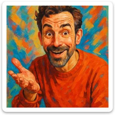 an interesting man with expressive features, raising an eyebrow and asking 'How's the game going?' in a lively, engaging pose sticker