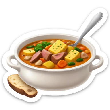 Cinematic Realistic Sancocho Soup Dish Emoji, featuring a rich, hearty stew with diverse meats and vegetables rendered with lifelike detail and warm, comforting lighting. sticker