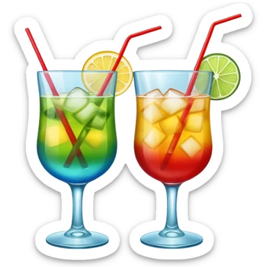 Create an emoji of two cocktails cheers action, one glass of green and yellow color and one glass of blue and red, without any fruit, make a toast asction sticker