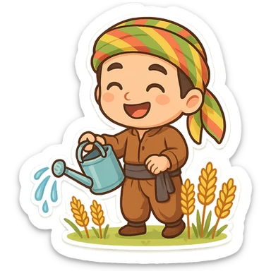 chibi cartoon sticker of a cheerful Kurdish farmer irrigating wheat fields, colorful style sticker