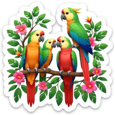 Close-up collage of vibrant Ara parrots and Inca cockatoos sitting on tree branches, surrounded by lush greenery. Bright colors of the birds stand out against a natural, sunny background of trees and flowers. Transparent background. sticker