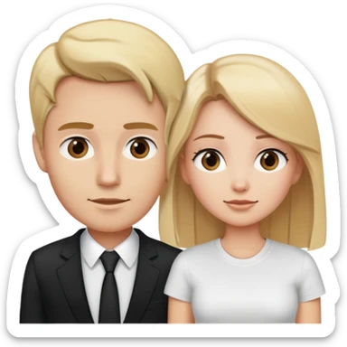 blonde woman in black suit talking to brown-haired man in white t-shirt sticker