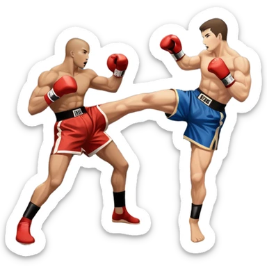 An icon symbolizing kickboxing, featuring two fighters in the midst of an intense match. One throws a powerful roundhouse kick, while the other counters with a punch. The background shows a ring, with ropes and a cheering crowd. Transparent background highlights the action and strength sticker