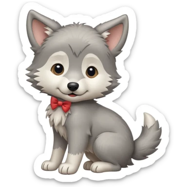 an animated gif-style sticker emote of a wolf puppy in a play bow wagging its tail in a smooth, natural arc over its back  sticker