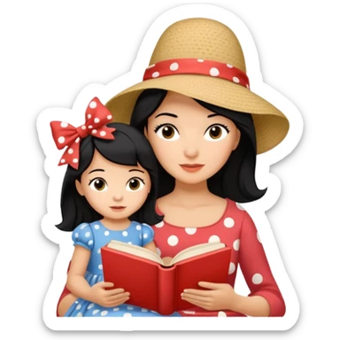 A black hair mother in a ribboned hat wearing polka dot dress reading a storybook to her child. sticker