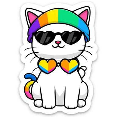 cat wearing a rainbow beanie and heart-shaped sunglasses sticker